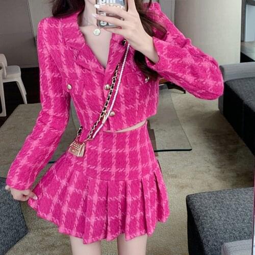 Runway High-End Korean Plaid Short Skirts Suit Two Piece Set Women Long Sleeve Blazer Coat And High Waist Pleated Skirt Outfits