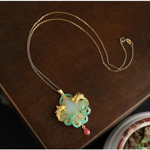 Vintage Necklace Female Ethnic Chinese Style Natural Hotian Jade Pendant Womens S925 Sterling Silver Gilding Ornament