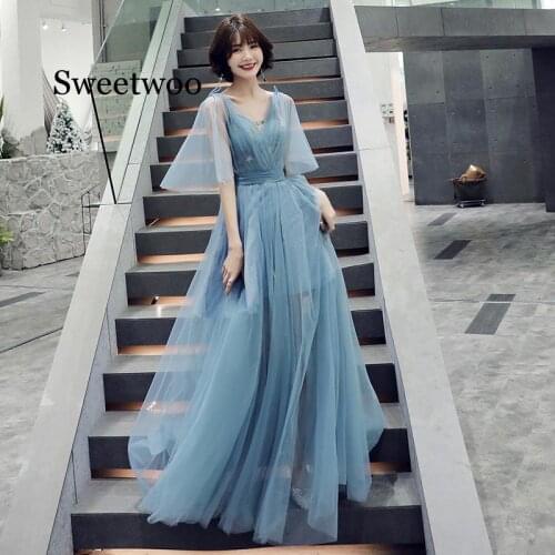 2020 Women Party Evening Hollow Lace Mesh Blue Dresses Summer V-neck Sling Long Dress Vestidos De Fiesta Vestidos Sukienki