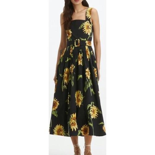 2021 Summer 100% Cotton Black Spaghetti Strap Dress Fashion Design Sunflowers Printed Temperapment Dresses