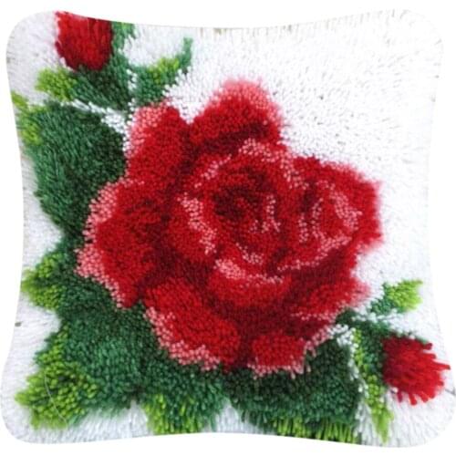 40x40cm Red Flower Latch Hook Kits DIY Pillow Cover Needlework Craft Home Decoration Gifts