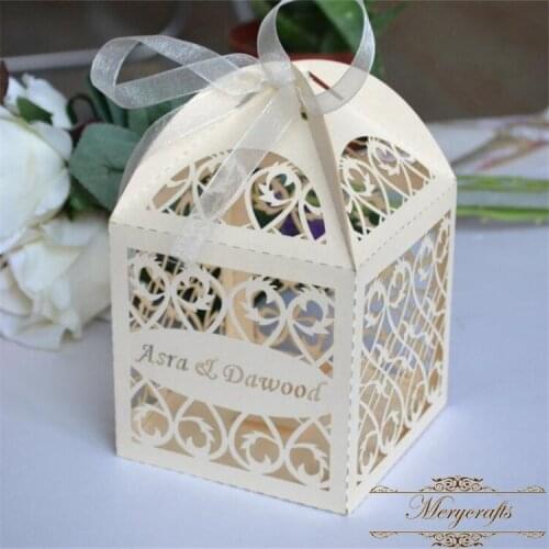 50pieces ivory laser cut filigree personalized wedding favor box