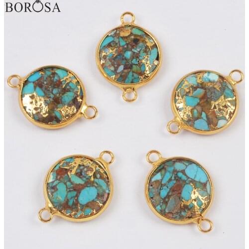 BOROSA Gold Plating Round Natural Turquoises Necklace Pendant with Gold-line Gems Stone Beads for Bracelet Jewelry Making G2009