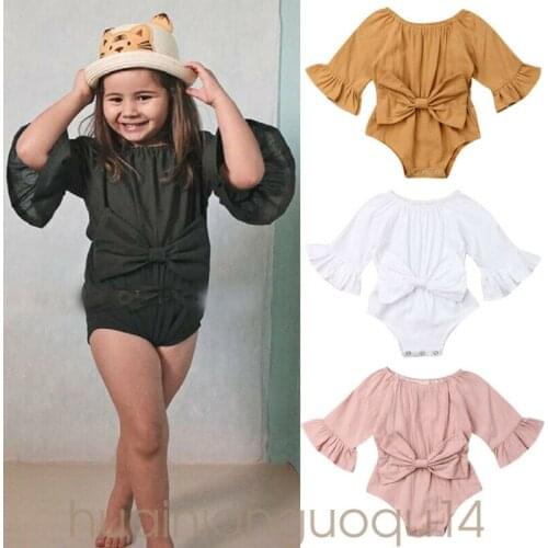 2020 Baby Summer Clothing Newborn Infant Baby Girl Bowknot Bodysuits Clothes Flare Long Sleeve Jumpsuit Bow Outfit Playsuits