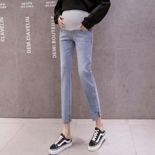 Pregnant womens jeans cropped trousers spring and autumn tobacco pipe pants loose casual belly lift pants tide mom thin pants