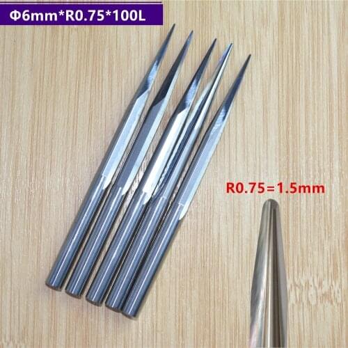 6mm*R0.75*100L,5pcs,Free shipping Taper Ball nose End Mill,CNC milling Cutter,Solid carbide tool,woodworking router bit