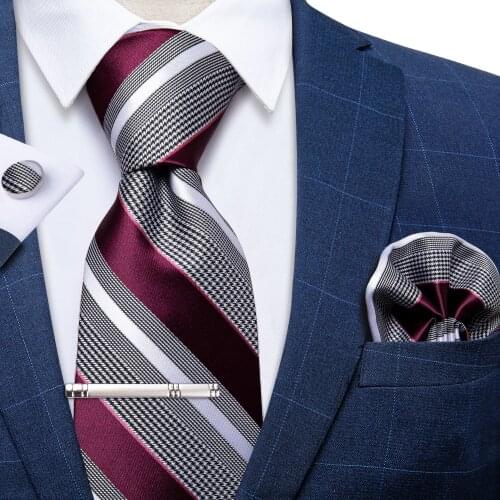 Fashion Mens Tie Purple White Striped Necktie 8cm Business Wedding Tie Handkerchief Tie Clip Set Groom Gravata Men Gift DiBanGu