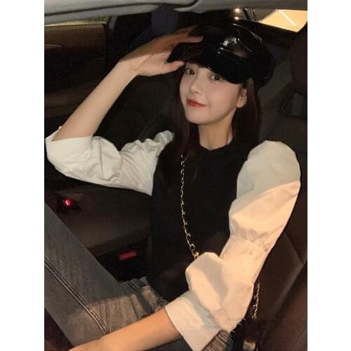 Fake Two Pieces Trend Colorblock Long Sleeve Knitted Blouse Sweet Women Loose Casual Puff Sleeve Pullover Tops