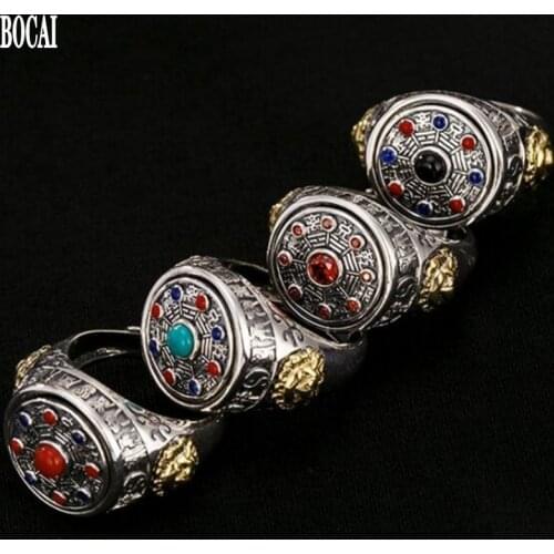 New 100% real S925 pure silver inlay nine-character mantra gossip ring for man domineering can turn good luck man rings