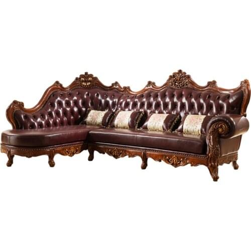 European-style Leather Corner Sofa Solid Wood High-end Living Room Furniture American-style Large Apartment Sofa Complete