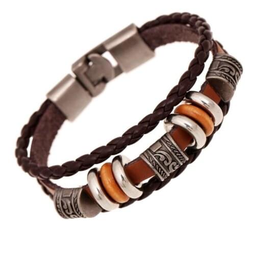 Lucky Mens Leather Bracelet Wood Beads Charm Multilayer Braided Bracelets Vintage Bangles Women Pulseira Masculina Wholesale