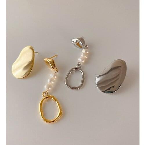Minar Asymmetric Natural Freshwater Pearl Earrings for Women Ladies Gold Color Metal Irregular Geometric Dangle Drop Earrings