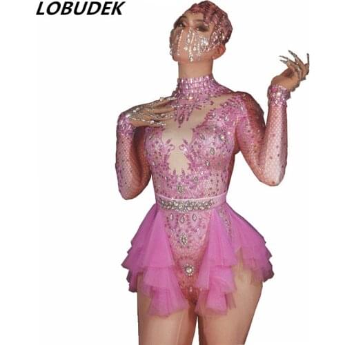 Fashion Pink Rhinestone Spandex Stretch Bodysuit Women Singer Dancer Party Show Leotard Stage Wear Latin Dance Bodysuit Costume