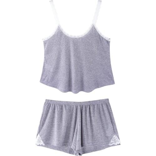 Fashion Gray Camis Tank Tops Lace Patchwork Sexy Shorts Lingerie Pajamas Sets for Women Spring Summer Loose Ladies Nightgown