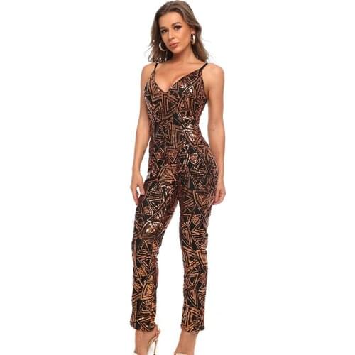 New Arrival Women Jumpsuit Sexy V Neck Spaghetti Strap sparkly Sequin Rompers Club night party Runway Bodycon Jumpsuit celebrity