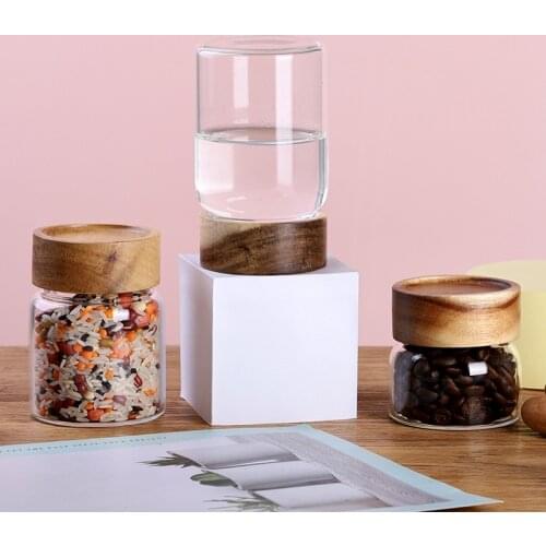 The new glass sealed tank Phase Wood threaded mouth storage tank kitchen storage tank high boron glass tea can