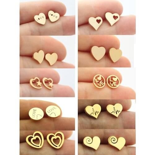 Dropshipping Golden Love Heart Stainless Steel Earrings Custom Designs ECG Round Earring Male Female Girls Birthday Gift Jewelry