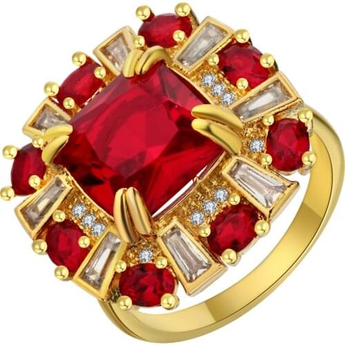 Luxury Red Cubic Zirconia Big Flower Ring Femme Gold Color Exaggerated Micro Pave Bands Engagement Party Cocktail Ring For Women