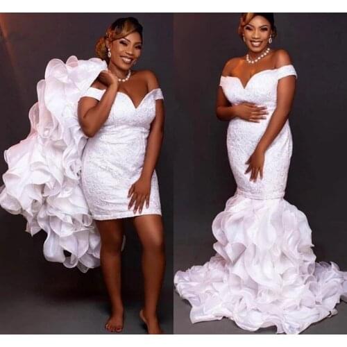 Mermaid Lace Wedding Dresses With Detachable Train 2021 African Off Shoulder Ruffles Bridal Gowns Plus Size 2 in 1 robes de mari