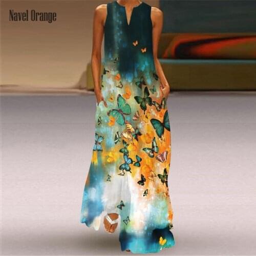 Deep V-neck Sleeveless Fashion Print Long Dress Summer Loose Casual Elegant Women Dress Daily Party Streetwear Plus size Vestido