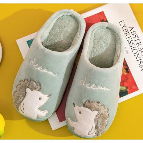 Women Slippers Cartoon Hedgehog Winter Fur House Indoor Outdoor Plush Ladies Shoes Men Couple Comfortable Zapatillas Mujer