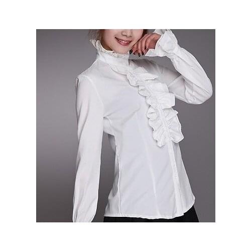 Victorian Women Long Puff Sleeves OL Shirt High Neck Frilly Ruffle Shirt Blouses