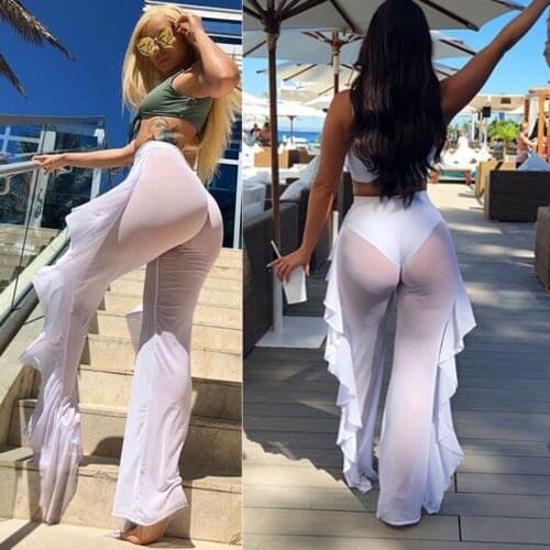 2020 Women Transparent Mesh Ruffle Beach Pants Swimwear Beach Cover up Sheer Trouser Mujer High Waist Mesh Beach Pants