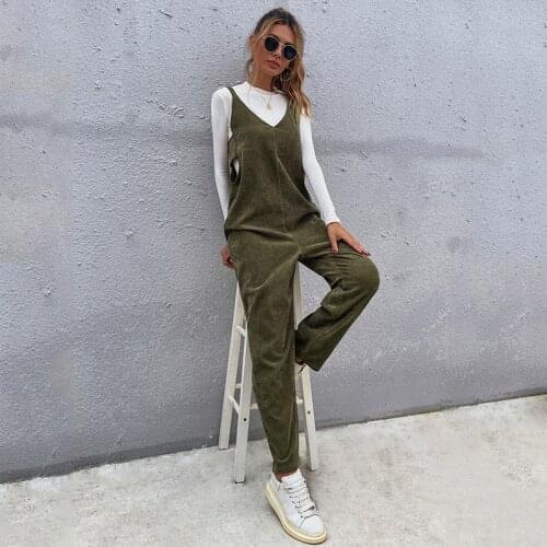 CARDE HOMES 2021 Autumn New Solid Sleeveless V Neck Bow Backless Women Jumpsuits Army Green Casual Fashion Suspenders Trousers