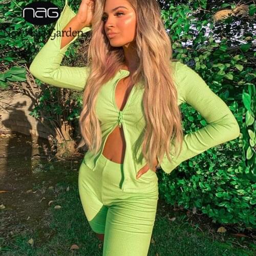 NewAsia Ribbed Shorts Sets Womens Loungewear Set 0-neck Zipped Split Long Sleeve Tops Two Piece Set Home Casual Suit White 2020