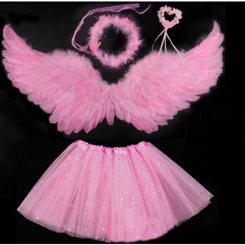 Angel Costumes Headband Wing Wand Halo Tutu Skirt Set Feather Angle Girls Fairy Dress Outfit Halloween Christmas