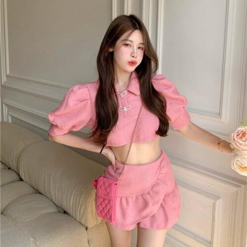 Summer Harajuku 2 Two Piece Set Women Skirt Korean Fashion Short Sleeve Crop Top + Sexy Mini Skirt Suits Kawaii Cute Outfits
