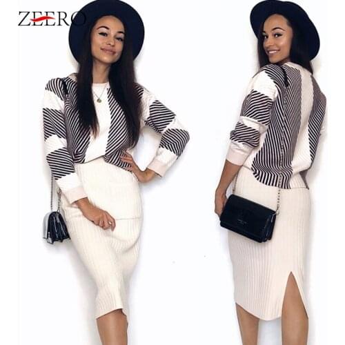 Autumn Spring knitted Set Womans Suits Thick Loose Plaid Sweater + Pencil Skirt Set For Women Suit Clothing 2 Piece Set Knit