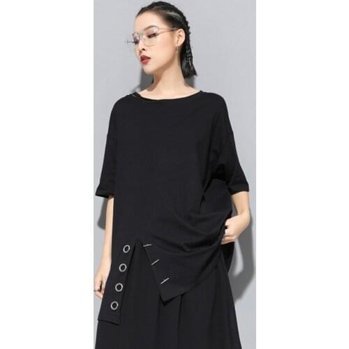 2021Split Irregular dress Women T-Shirt White Black Cotton Long Sleeved O-Neck Grommet Spring Autumn Casual Tees Tops
