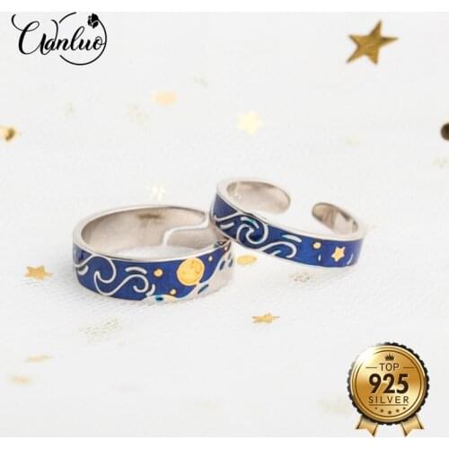 WL Van Goghs Enamel Couple Rings Jewelry 925 Silver Glitter Sky Gold Moon Star Sun Canvas Finger S925 Ring Romantic for Women