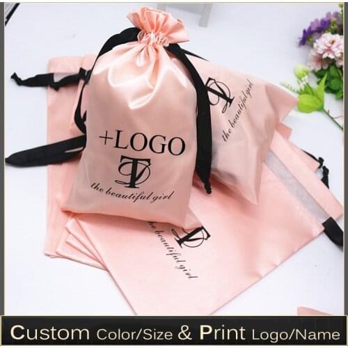 20PCS Baby Pink Silk Satin Pouch Hair Extensions/Wigs/Goods/Makeup Packaging Drawstring Bag Custom Print Logo Gift Bag