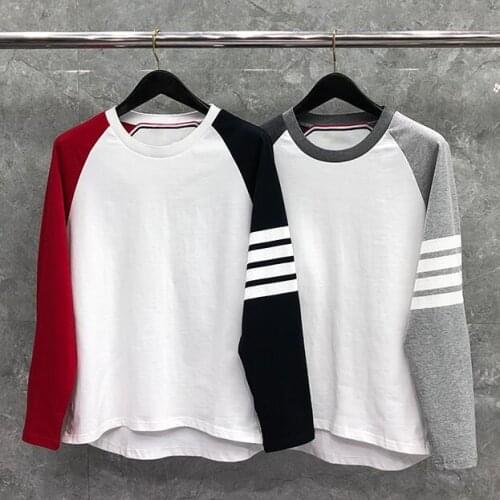 2021 Fashion TB THOM Brand T-Shirts Men Slim Fit Cotton Casual T-shirts Long Sleeve Patchwork Panelled Striped O-Neck Clothing