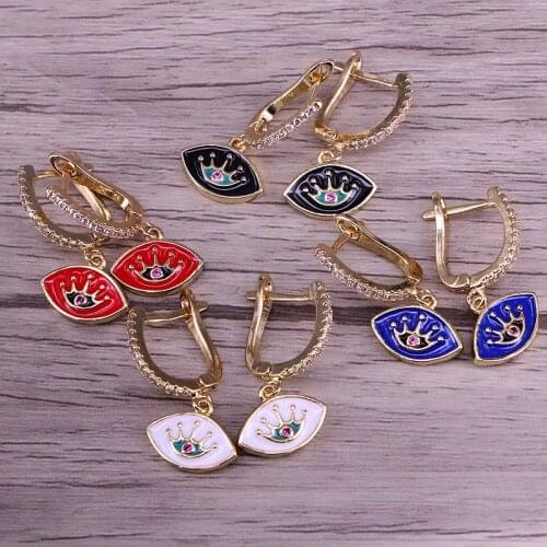 6Pairs, New Fashion Shiny Crystal Dangle Earrings Gold Color Enamel Crown Eye Pendant Earrings