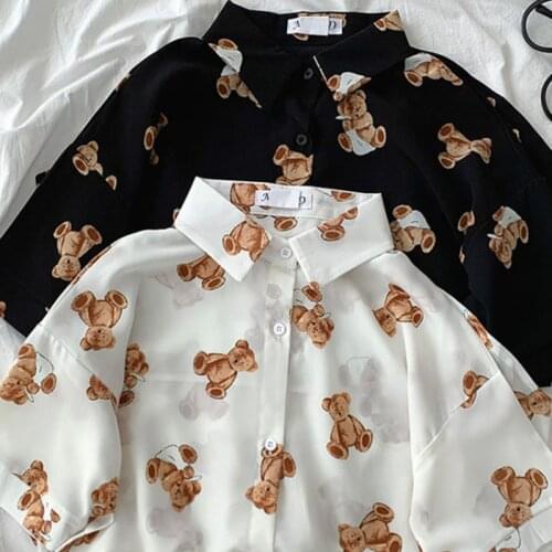 Korean Chic Streetwear Loose Short Sleeve Blouses Cute Cartoon Bear Print Button-up Shirts Summer Casual Turn-down Collar Blusas