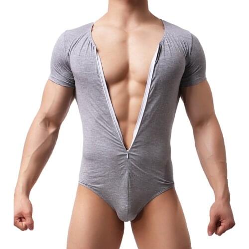 Men Jumpsuits Jockstrap Short Sleeve Zipper Fitness Bodysuit Body Bodybuilding Siglet Corset Male Modal Slimming Undershirts XL
