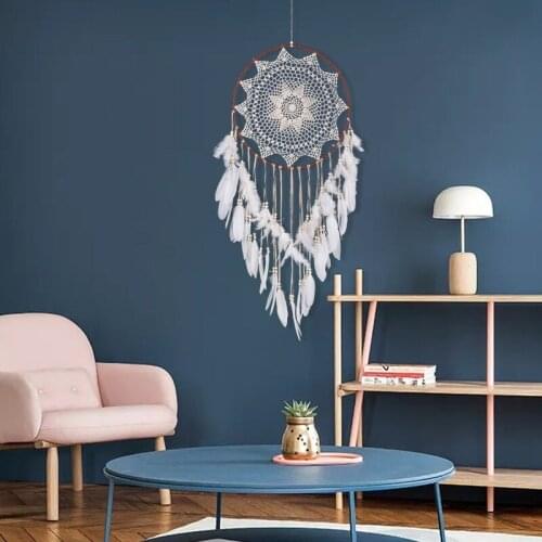 Large Size Beige Cotton White Feather Dream Catchers Round Metal Hoop Circle 40cm Handmade Dreamcatcher Photography Props