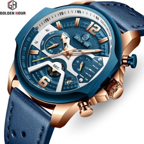 Men Watch GOLDENHOUR Top Brand Fashion Luxury Analog Quartz Watches Mens Leather Strap Waterproof Wristwatch Relogio Masculino