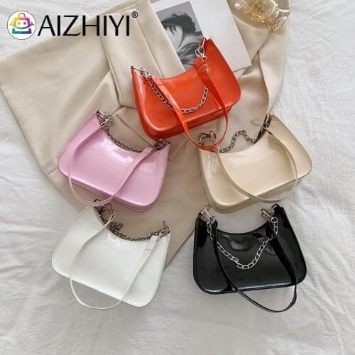 Lady Girl Handbag Fashion Women Pure Color Patent PU Leather Chain Shoulder Underarm Hobos Bag Casual Ladies Small Handbag Purse