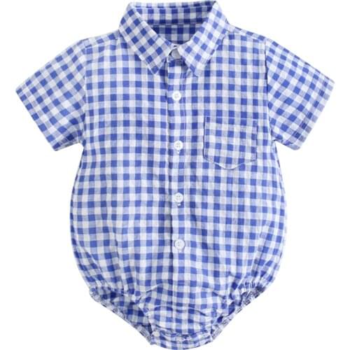 Newborn Infant Baby Boys Girls Rompers Jumpsuits Summer Grid Flannel Buffalo Check Baby Shirt Short Sleeve Toddler Baby Clothing