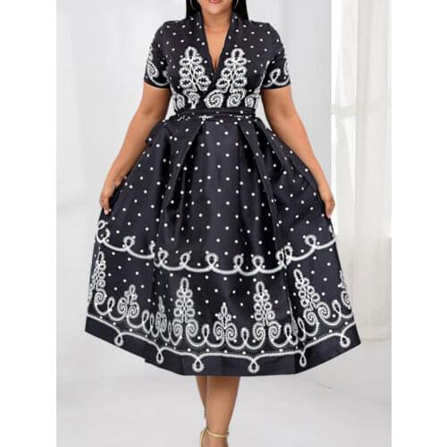 V Neck Plus Size Dresses A Line Elegance Vintage Pleated Black Midi Dress Short Sleeve Slim Office Lady Evening Party Outfits