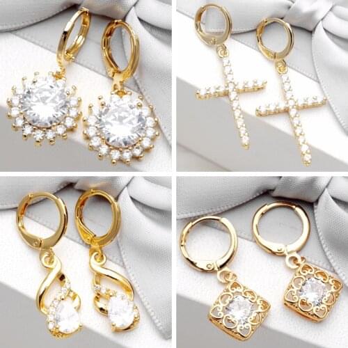 2020 New Wedding Gold Earring White/Blue Cubic Zirconia Crystal Dangle/Drop Earrings for Women Girl Gift Elegant Fashion Jewelry