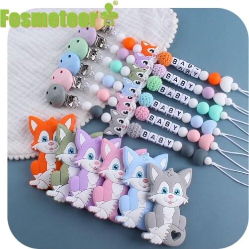 Fosmeteor Personalized Name Handmade Pacifier Clips Holder Chain Silicone Pacifier Chains Set Civet Cat Baby Teether Chain