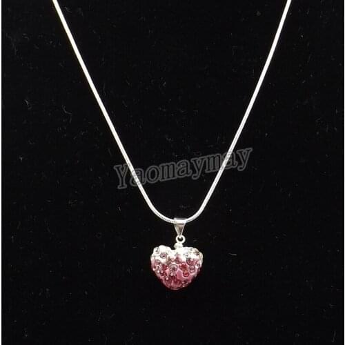 Gradient Pink Heart Shape Crystal Pendant 18.5" Silver Plated Necklace Valentines Day Gift 5pcs Wholesale Free Shipping