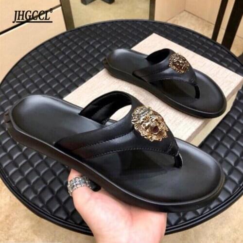 Man Leather Slippers Breathable Summer men sandals outdoor Genuine Leather Male Beach cowhide chaussure homme luxe marque T6