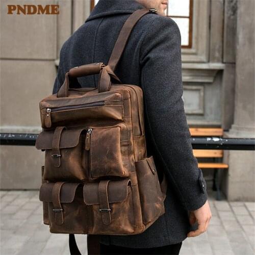 PNDME retro high quality genuine leather mens backpack multi-pocket large travel bagpack crazy horse cowhide laptop bookbag