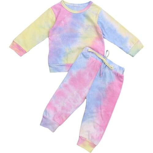 2020 New Fall Autumn Baby Girls 2Pcs Set Tie-dye Long Sleeve Top+Elastic Waist Long Pants Kids Children Clothes